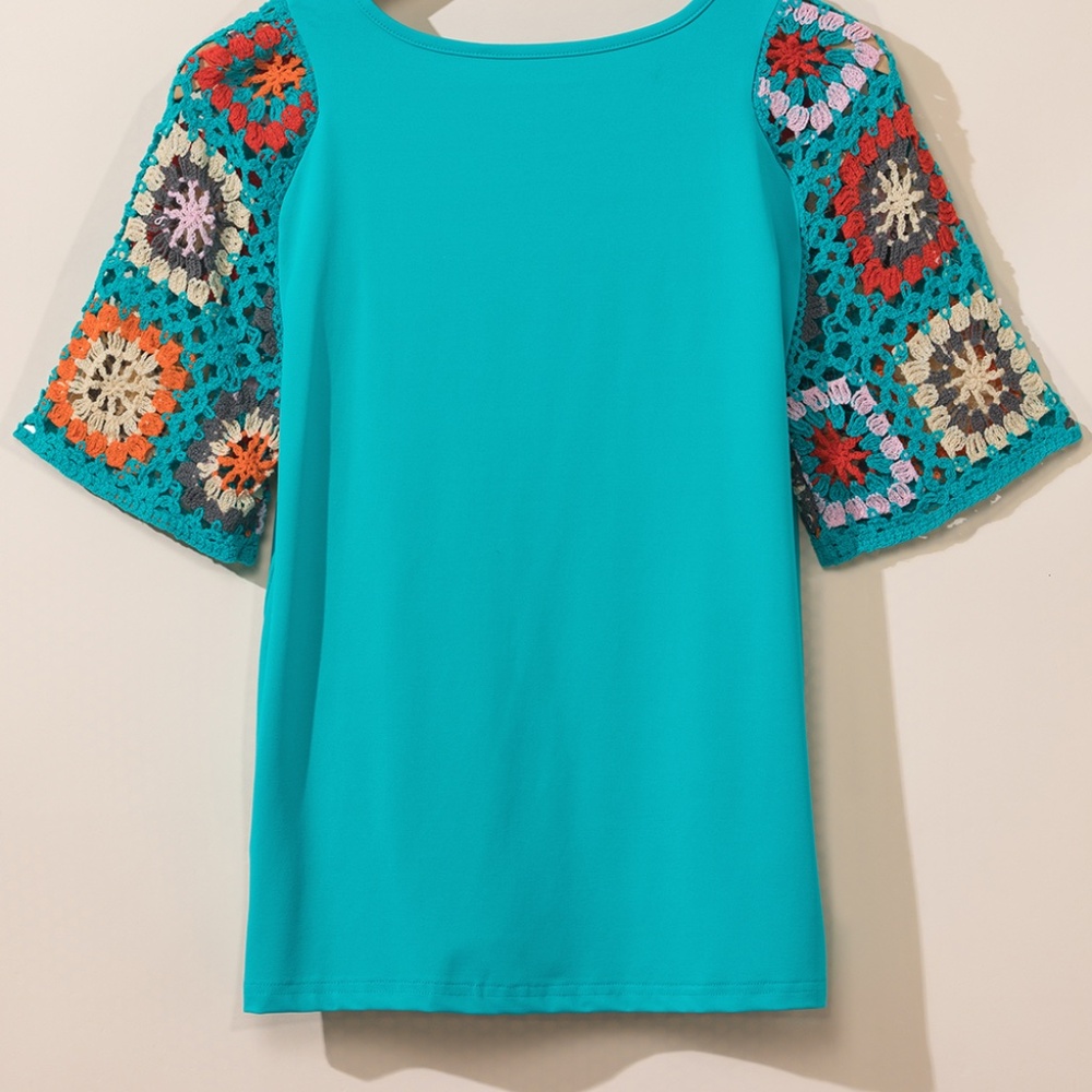 Turquoise Floral Crochet Short Sleeve‎ Top - Picture 2 of 9